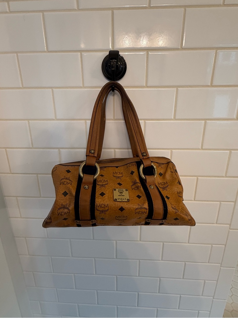 MCM Cognac Visetos Barrel Shoulder Bag with Black Trim